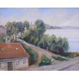 Balké, Charles Théodore (1875 - 1951) "Hüglige Landschaft" mit Häuser am See; ÖL/Karton; sign. und