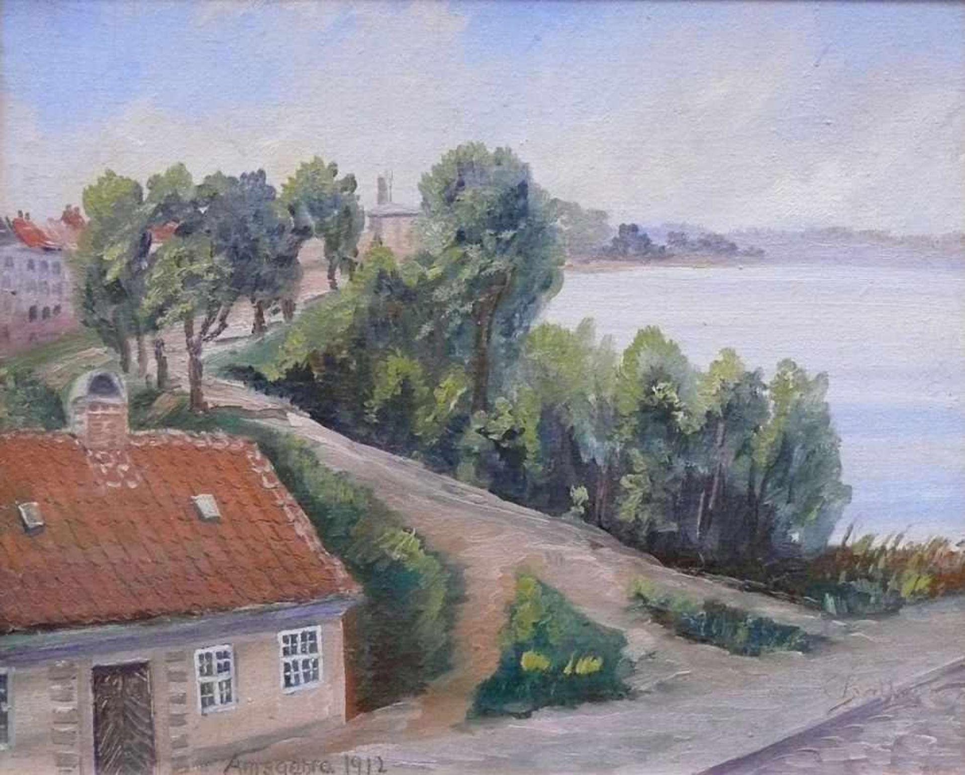 Balké, Charles Théodore (1875 - 1951) "Hüglige Landschaft" mit Häuser am See; ÖL/Karton; sign. und