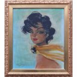 Domergue, Jean-Gabriel (1889 Bordeaux - 1962 Paris) "Frauenkopf-Portrait mit gelbem Schal"; den