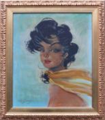 Domergue, Jean-Gabriel (1889 Bordeaux - 1962 Paris) "Frauenkopf-Portrait mit gelbem Schal"; den