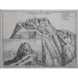 Die Festung Hochen Twiel (Merian, 17.Jh.) Kupferstich; 2 Ansichten auf einem Blatt; mit Legende;