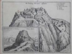 Die Festung Hochen Twiel (Merian, 17.Jh.) Kupferstich; 2 Ansichten auf einem Blatt; mit Legende;