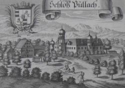 4 div. Schlossansichten (18.Jh.) Schloß Pullach, Schloß Singebach, Schloß Brannenburg u. Schloß