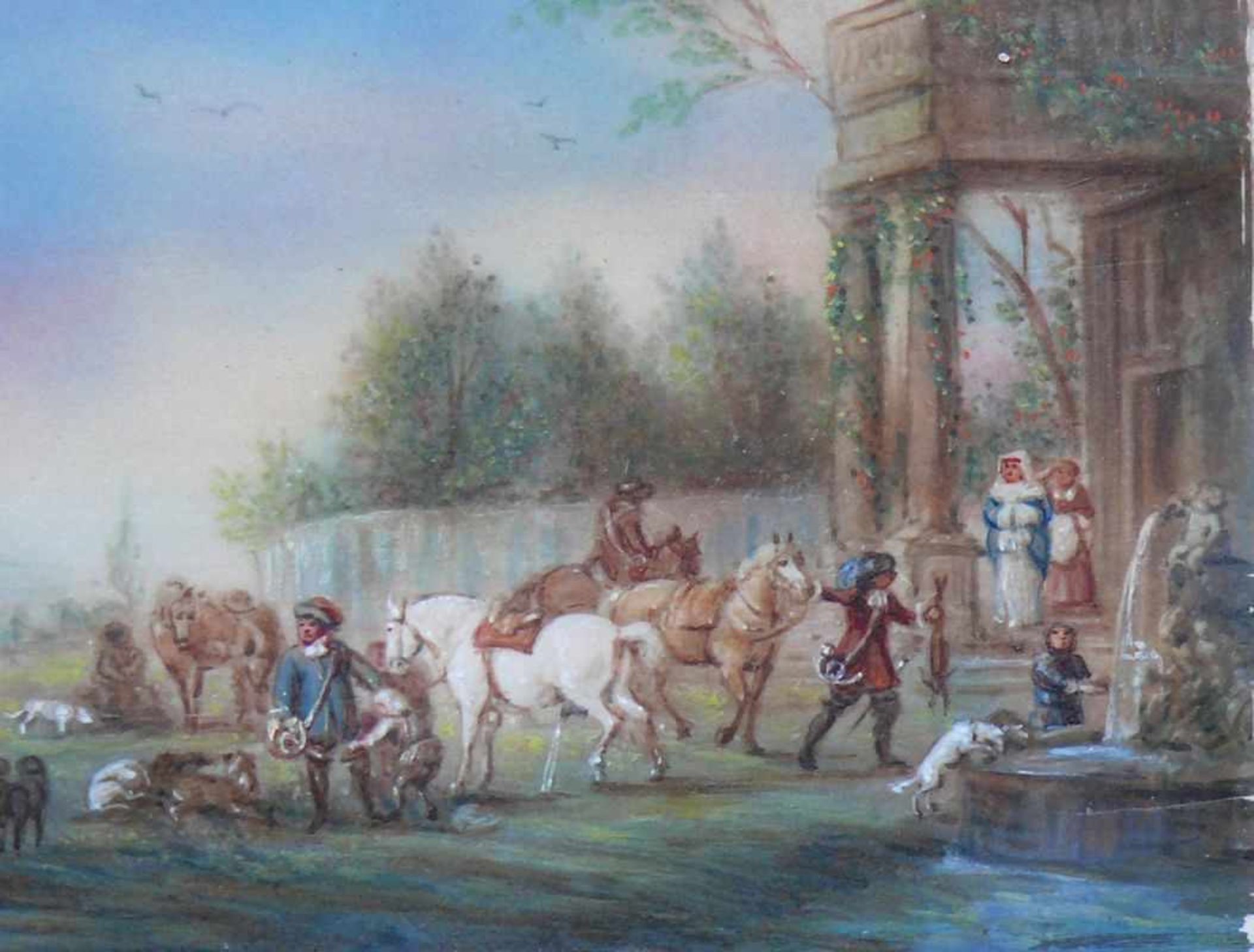 Miniaturist (19./20.Jh.) "Bei der Rast"; Reitergruppe vor Gebäude mit Brunnen und weiter Landschaft; - Bild 3 aus 3