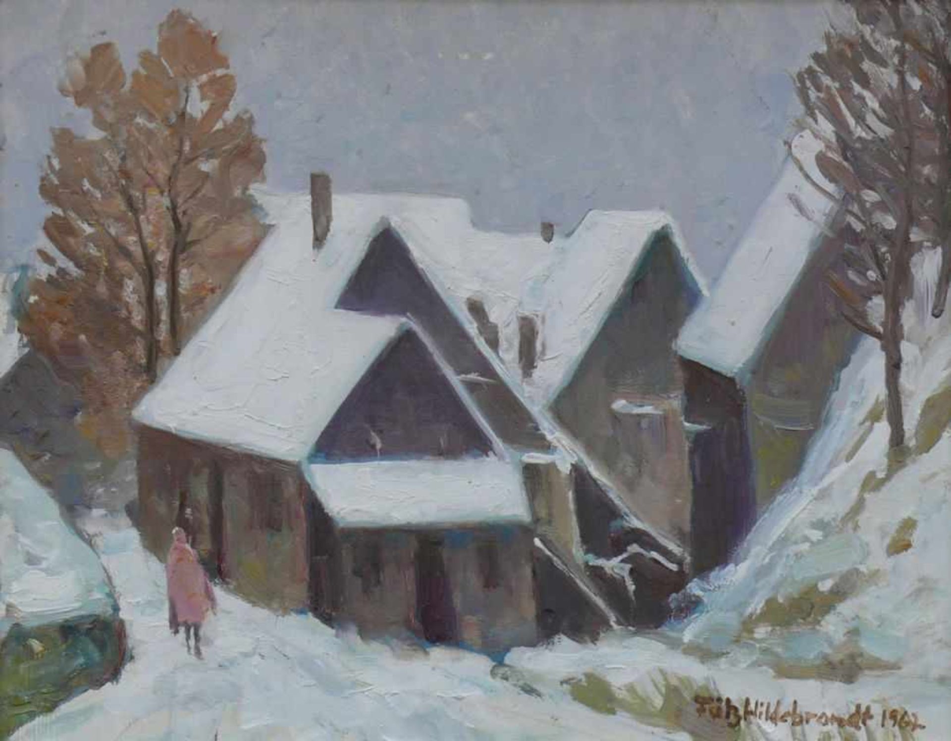 Hildebrandt, Fritz (1878 Quedlinburg - 1970 Konstanz) "Häusergruppe im Winter"; Dorf mit - Bild 4 aus 4