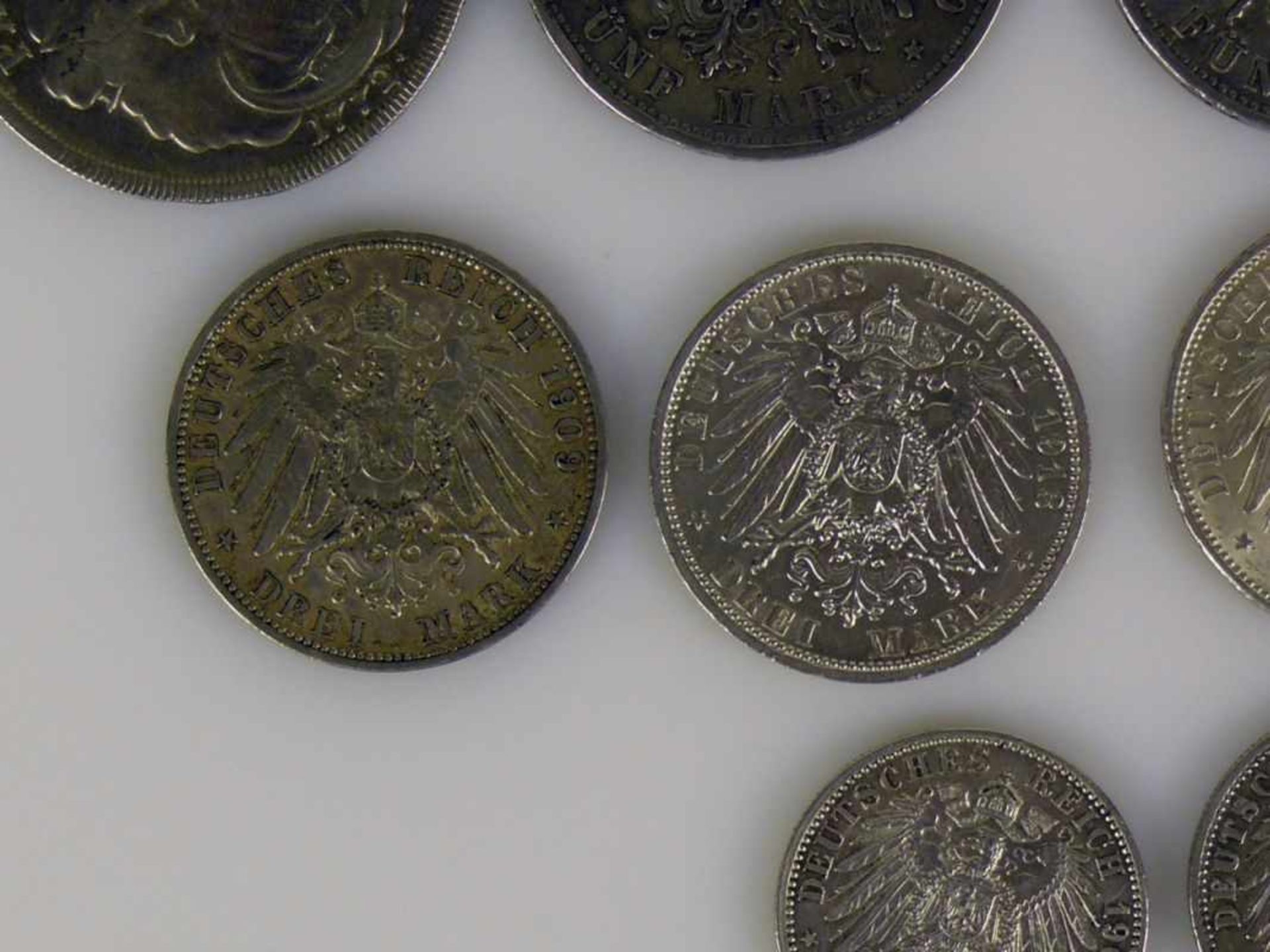 Konvolut deutsche Münzen Württemberg: 5 Mark 1903; 2x 3 Mark 1909 u. 1910; Preussen: 5 Mark 1900; 2x - Bild 10 aus 12