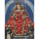 Cusco-Schule (Peru, 18.Jh.) "Rosenkranz-Madonna mit Kind"; rechts unten Darstellung des Hlg. Franz