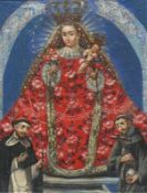 Cusco-Schule (Peru, 18.Jh.) "Rosenkranz-Madonna mit Kind"; rechts unten Darstellung des Hlg. Franz