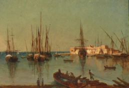 Anonym (um 1900) "Küstenszene"; mehrere Segelboote in Ufernähe; auf der rechten Bildseite