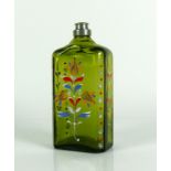 Schraubflasche hellgrünes Glas; Wandung 3-seitig mit farbig, floralem Emaildekor;