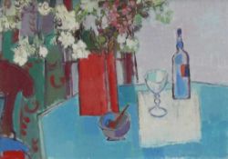 Sauerbruch, Hans (1910 Marburg - 1996 Konstanz) "Stillleben" mit roter Vase und Blumen, Flasche