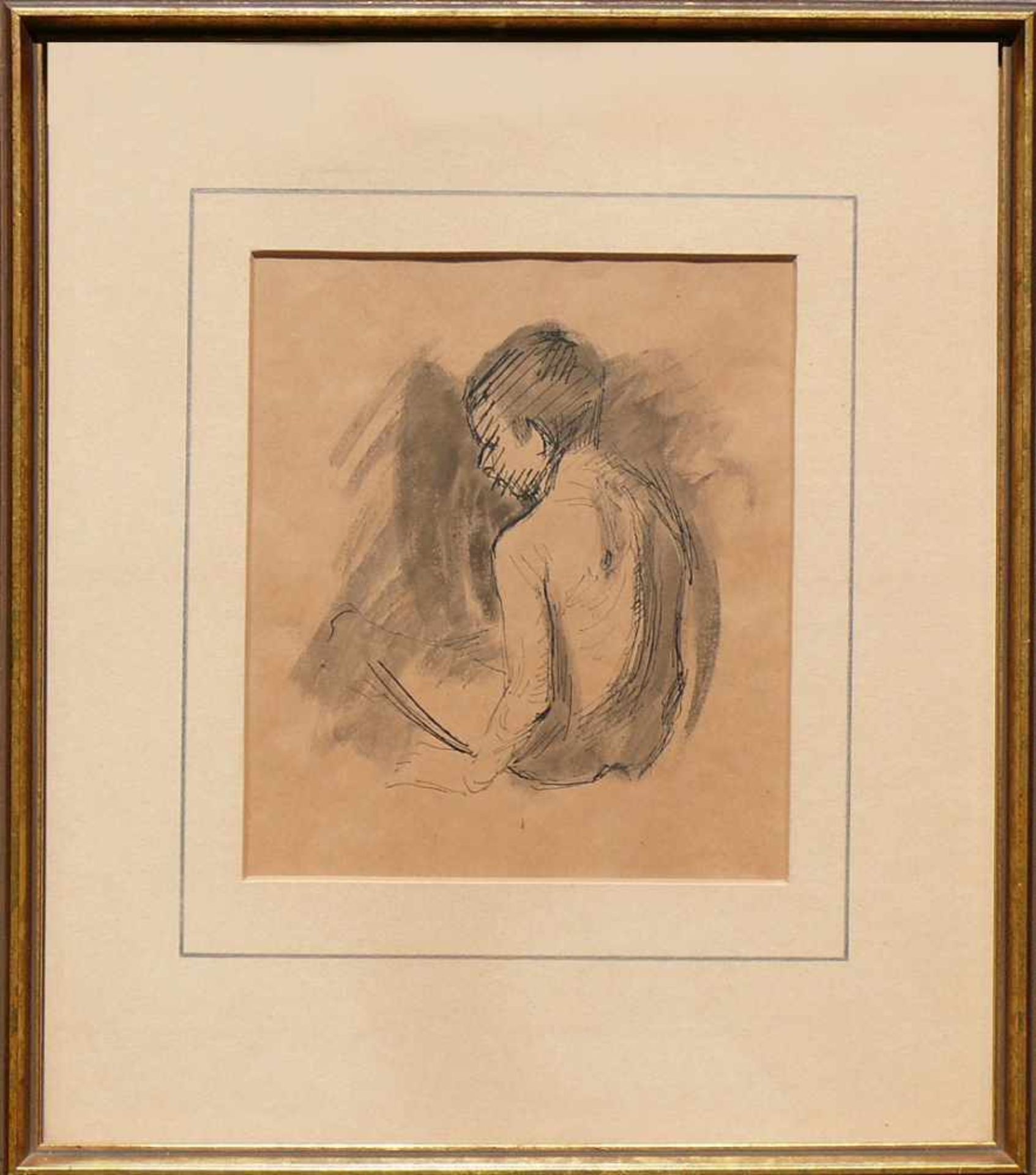 Anonym "Sitzender Rückenakt eines Jungen"; Tuschfeder/Aquarell auf bräunlichem Papier; ca. 23 x 20 - Bild 2 aus 2