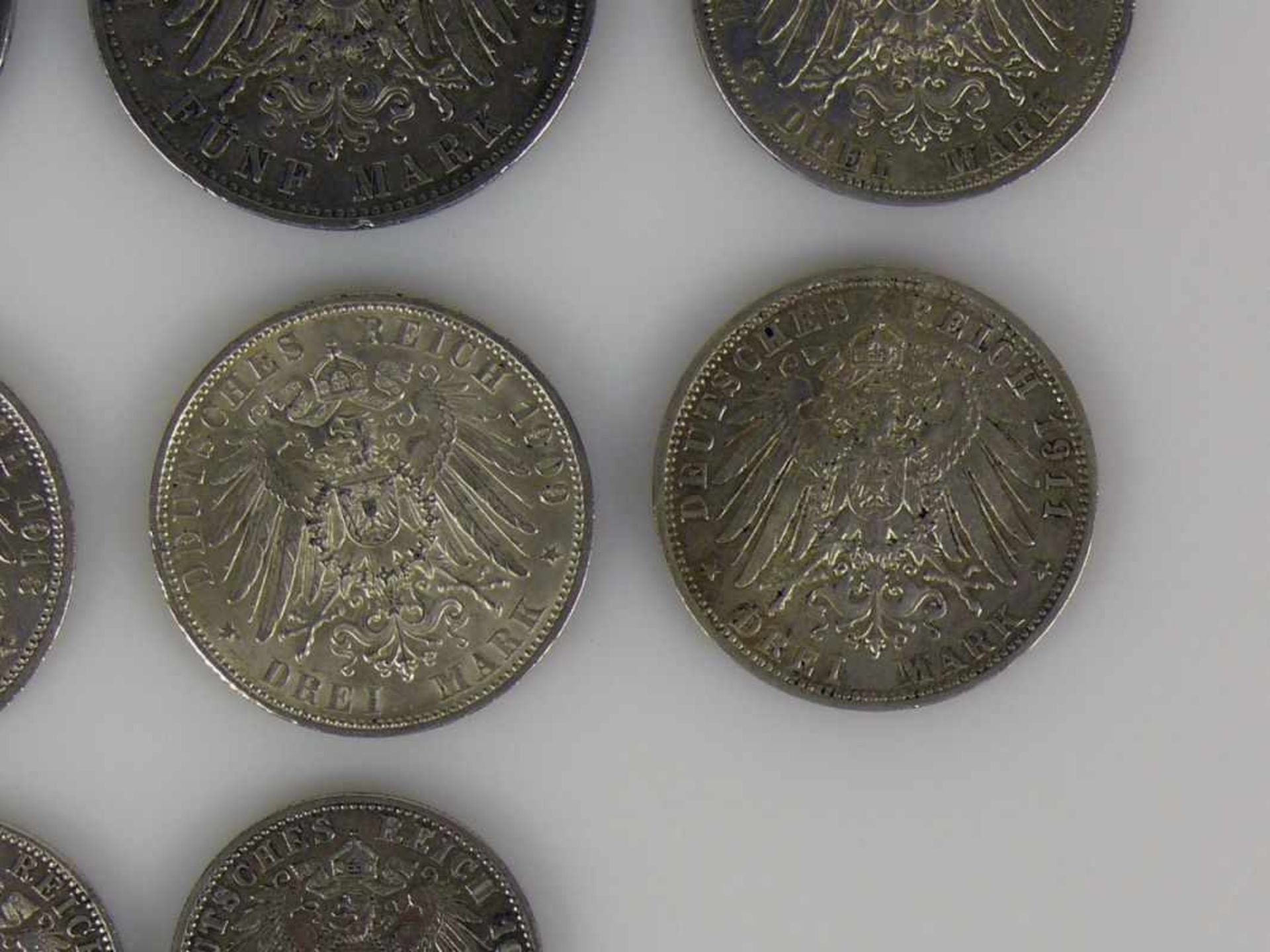Konvolut deutsche Münzen Württemberg: 5 Mark 1903; 2x 3 Mark 1909 u. 1910; Preussen: 5 Mark 1900; 2x - Bild 11 aus 12
