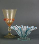 2 Teile MURANO-Glas Schale im Fazzoletto-Stil, blau/weiß unterfangen; D: 12 cm; Stilglas mit