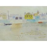 Sauerbruch, Hans (1910 Marburg - 1996 Konstanz) "Blick auf Stadt am Flußufer"; Aquarell; links unten