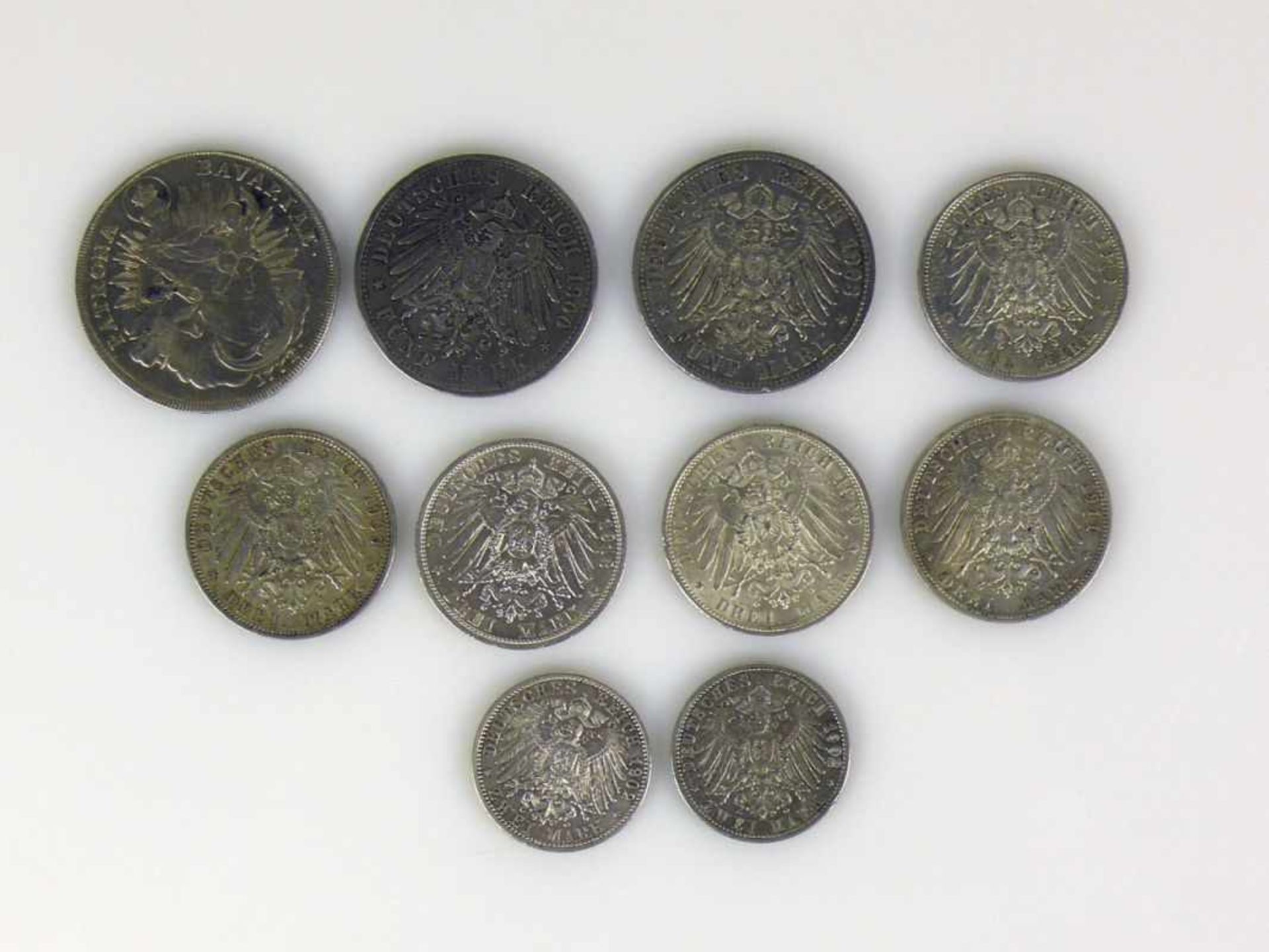 Konvolut deutsche Münzen Württemberg: 5 Mark 1903; 2x 3 Mark 1909 u. 1910; Preussen: 5 Mark 1900; 2x - Bild 7 aus 12