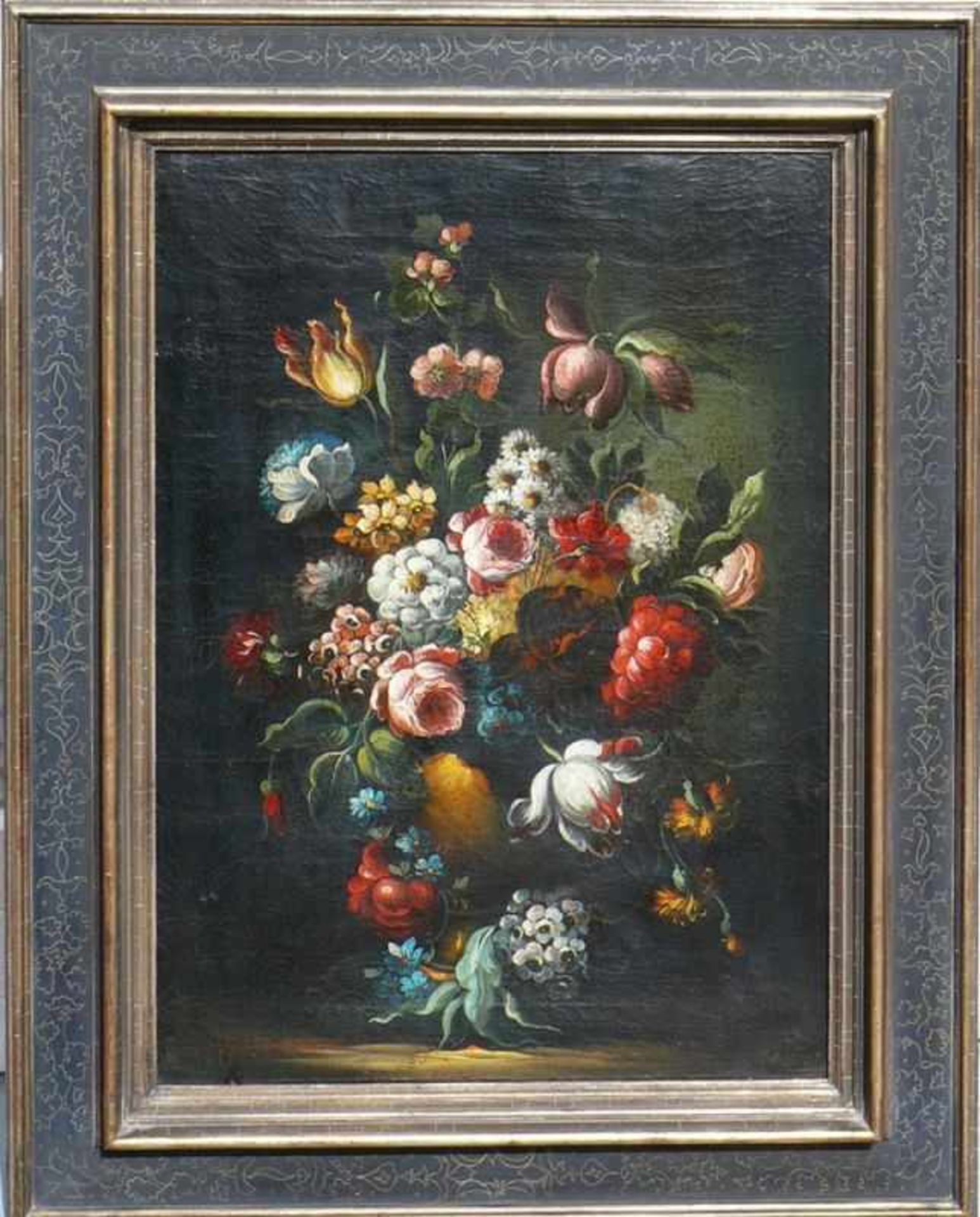 Anonym (18./19.Jh.) "Blumenstillleben in Vase"; farbiger Sommerblumenstrauß auf dunklem Hintergrund; - Bild 2 aus 3