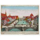 Nürnberg (18.Jh.) "Blick auf steinerne Brücken über Pegnitz in Nürnberg"; col. Kupferstich von