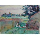Waentig, Walter (1881 Zittau - 1962 Gaienhofen) "Sommerabend"; 2 junge Frauen im Gras neben