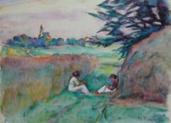 Waentig, Walter (1881 Zittau - 1962 Gaienhofen) "Sommerabend"; 2 junge Frauen im Gras neben