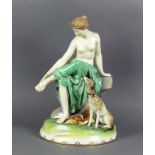 Porzellanfigur (Wahliss, Wien, 19.Jh.) "Weiblicher, sitzender Halbakt" mit 2 Windhunden; polychrom