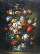 Anonym (18./19.Jh.) "Blumenstillleben in Vase"; farbiger Sommerblumenstrauß auf dunklem Hintergrund;