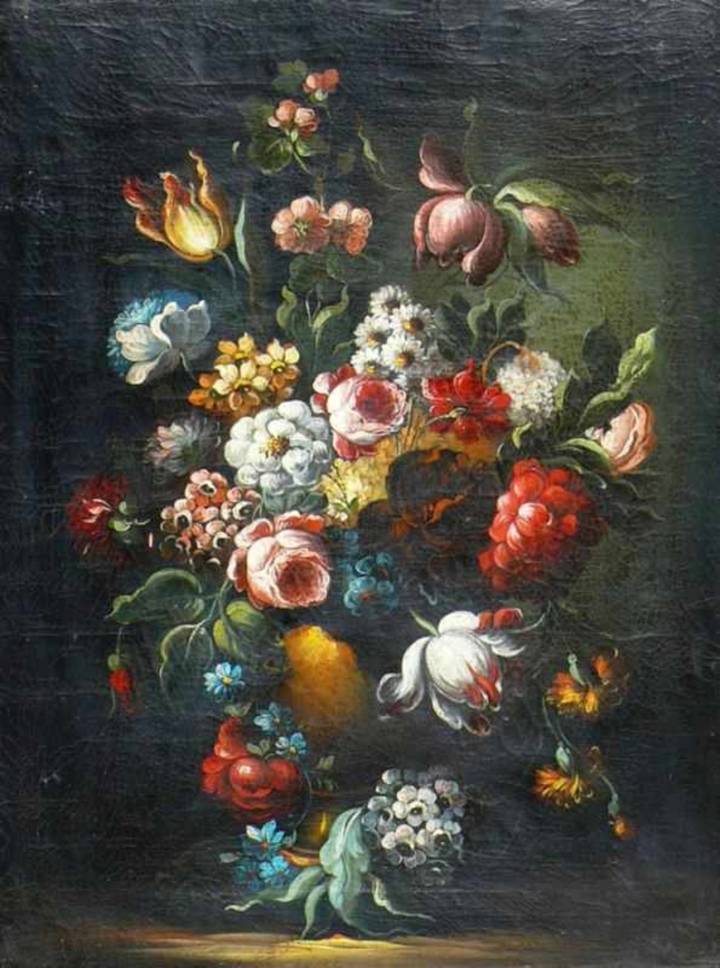 Anonym (18./19.Jh.) "Blumenstillleben in Vase"; farbiger Sommerblumenstrauß auf dunklem Hintergrund;