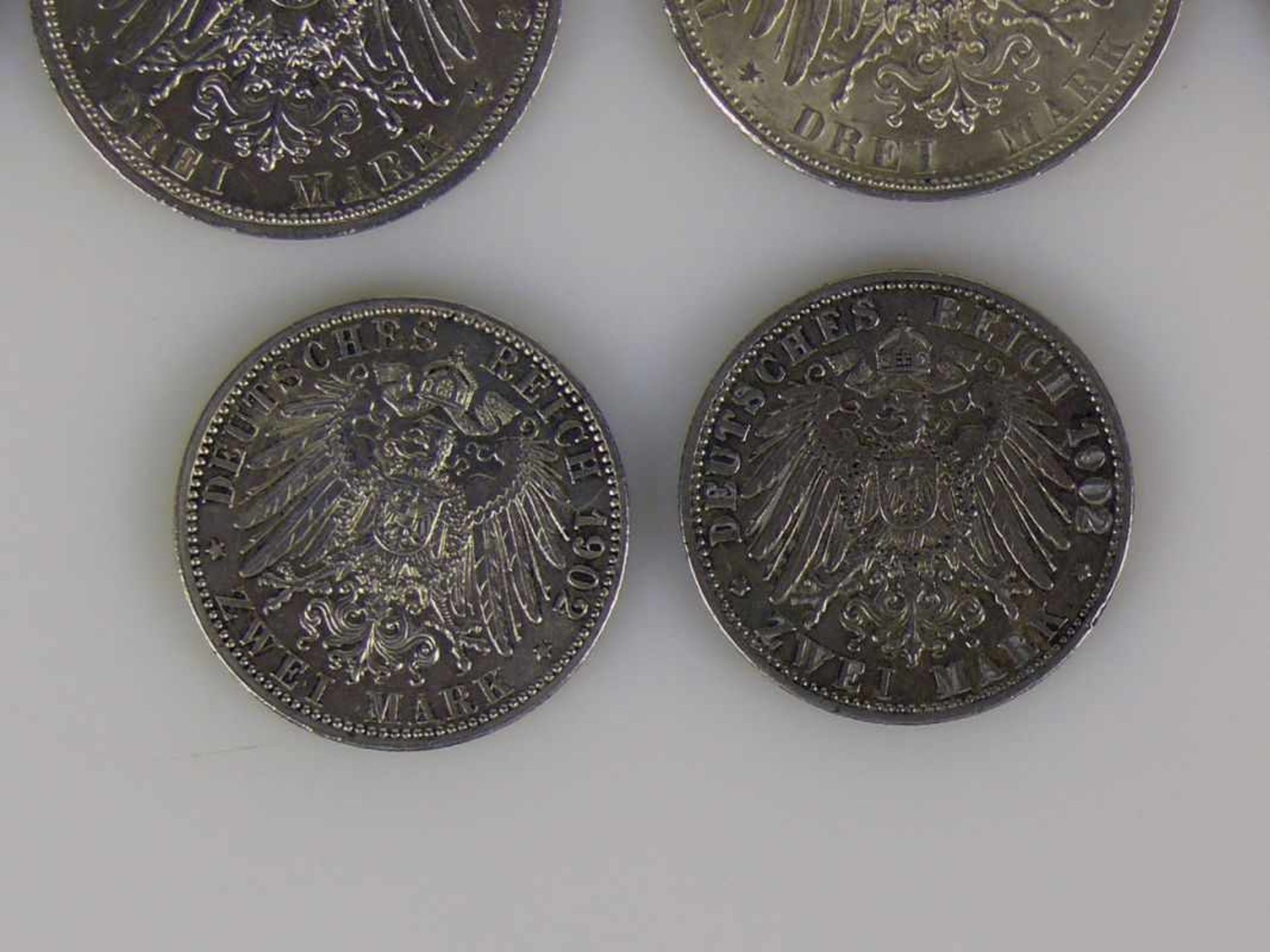 Konvolut deutsche Münzen Württemberg: 5 Mark 1903; 2x 3 Mark 1909 u. 1910; Preussen: 5 Mark 1900; 2x - Bild 12 aus 12