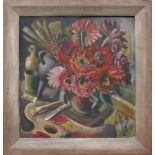 Biehler, Sepp (1907 Konstanz - 1973 Waldshut) "Blumenstillleben in Vase" mit Malerutensilien auf