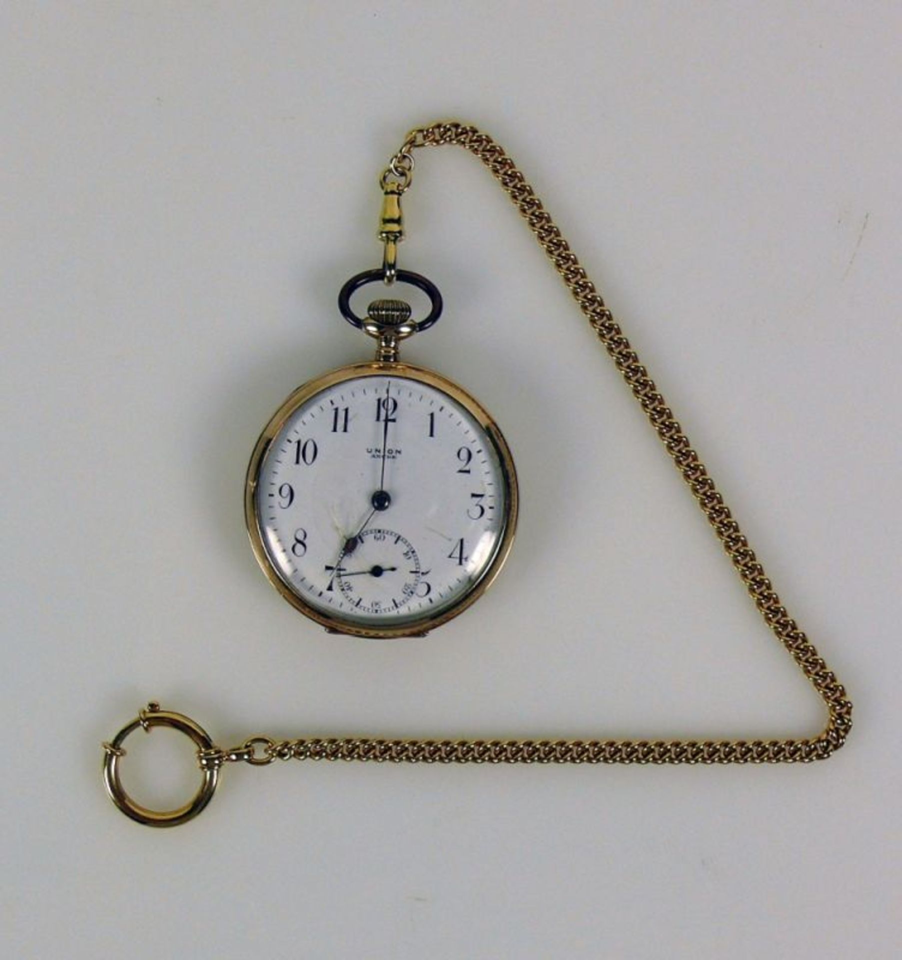 Taschenuhr mit Uhrenkette; jeweils 14ct GG; Werk und Ziffernblatt sign: UNION; Emailziffernblatt mit