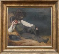 Deschwanden, Theodor von (1826 - 1861) "Im Heu liegender Junge"; vor ihm Wanderstab und Hut am