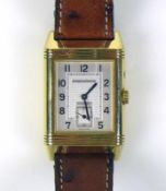 JAEGER LECOULTRE-Armbanduhr "REVERSO DUOFACE"; 18ct GG-Gehäuse mit braunem Original-Lederarmband;