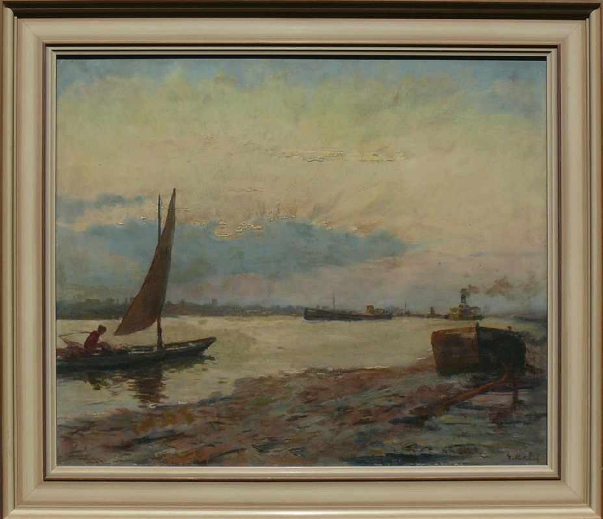 Melcher, Gustav (1898 - 1969) "Am Niederrhein"; Lastkähne und Fischerboot; ÖL/Malkarton; rechts