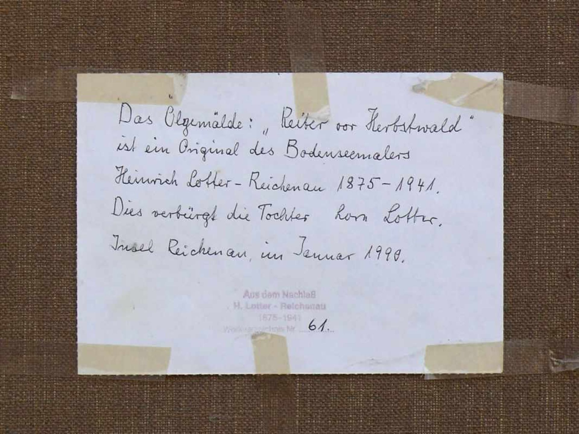 Lotter, Heinrich (1875 Stuttgart - 1941 Insel Reichenau) "Reiter vor Herbstwald" so verso betitelt - Bild 4 aus 4