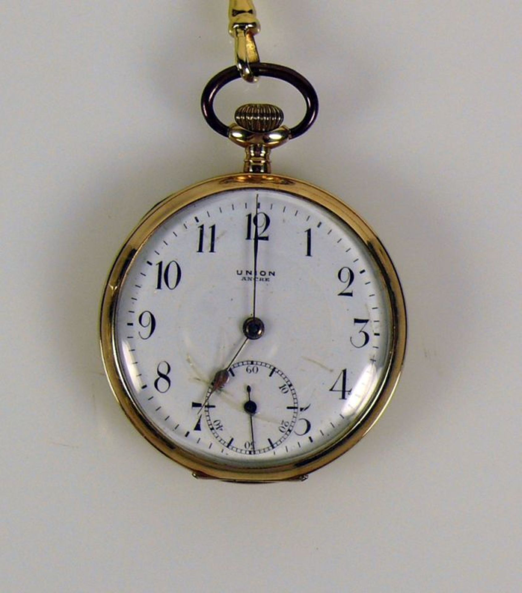 Taschenuhr mit Uhrenkette; jeweils 14ct GG; Werk und Ziffernblatt sign: UNION; Emailziffernblatt mit - Bild 2 aus 3