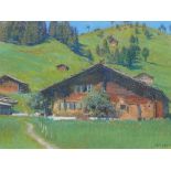 Robert, Henri Marcel (Paris 1881 - 1961 Lausanne) "Blick auf Bauernhaus" in einem Tal; sommerliche