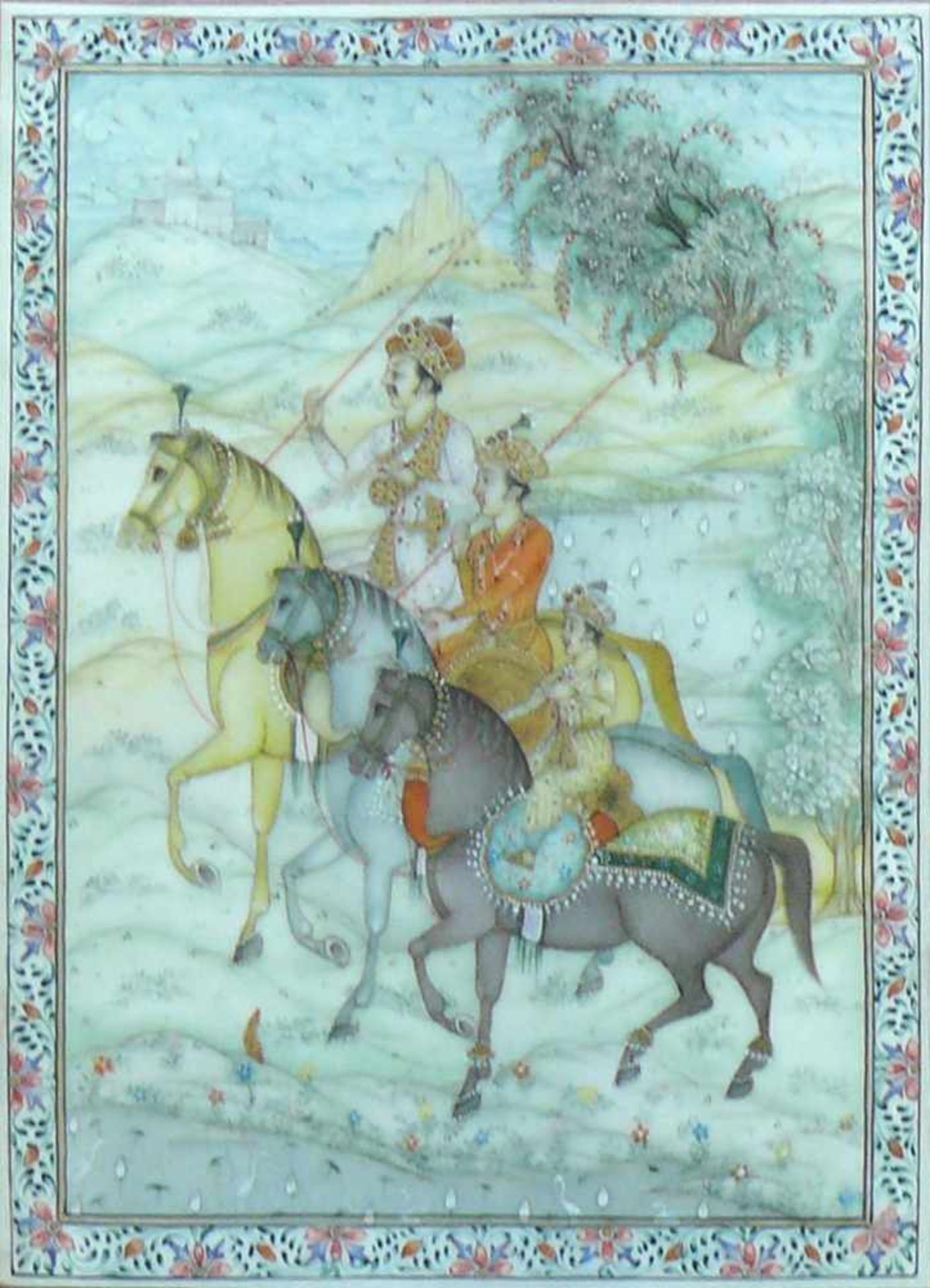Miniatur-Bild (Persien) "3 Reiter in Landschaft"; Mischtechnik/Elfenbein; ca. 15 x 11 cm; unter Glas
