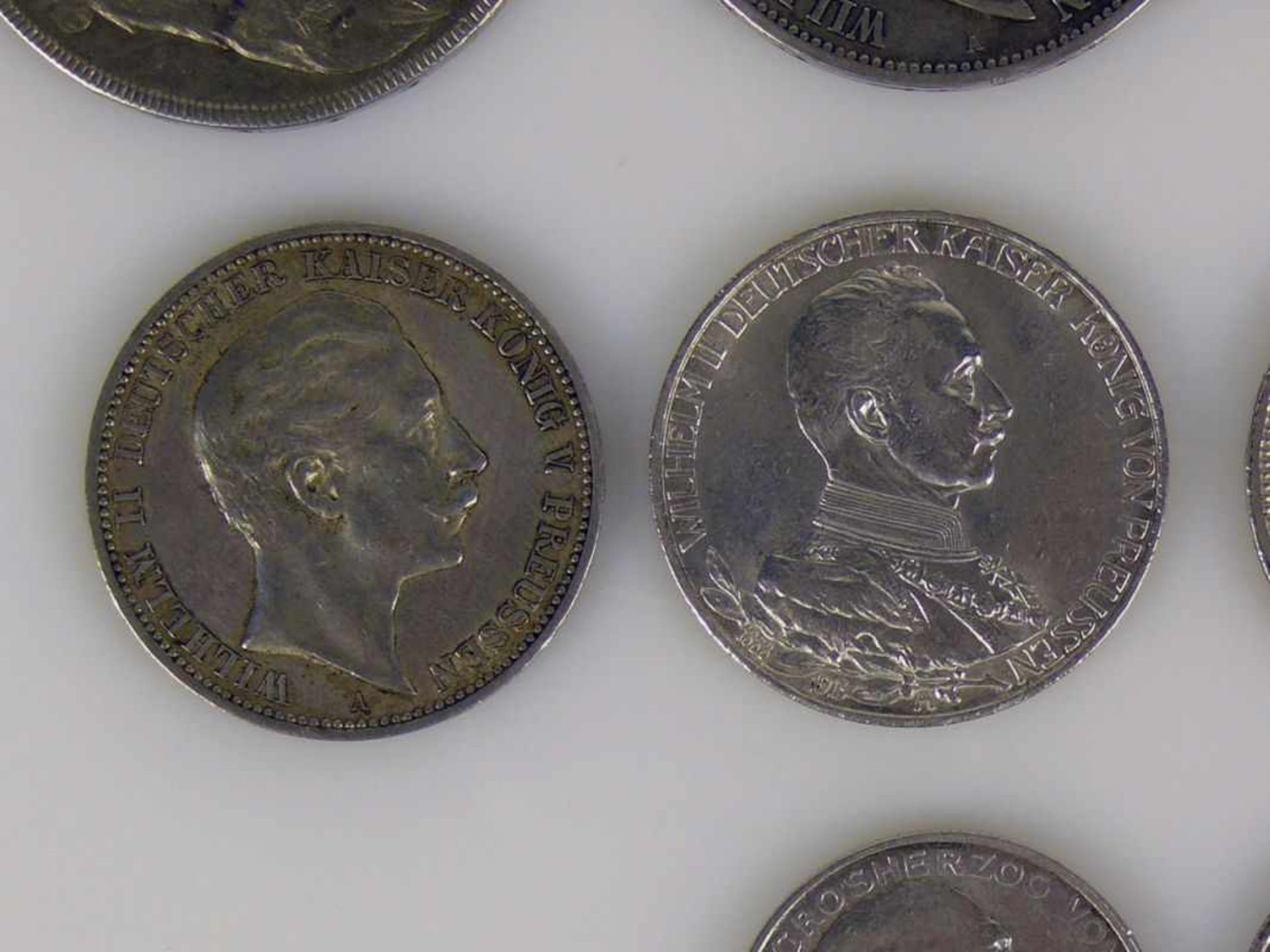 Konvolut deutsche Münzen Württemberg: 5 Mark 1903; 2x 3 Mark 1909 u. 1910; Preussen: 5 Mark 1900; 2x - Bild 4 aus 12
