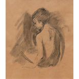 Anonym "Sitzender Rückenakt eines Jungen"; Tuschfeder/Aquarell auf bräunlichem Papier; ca. 23 x 20