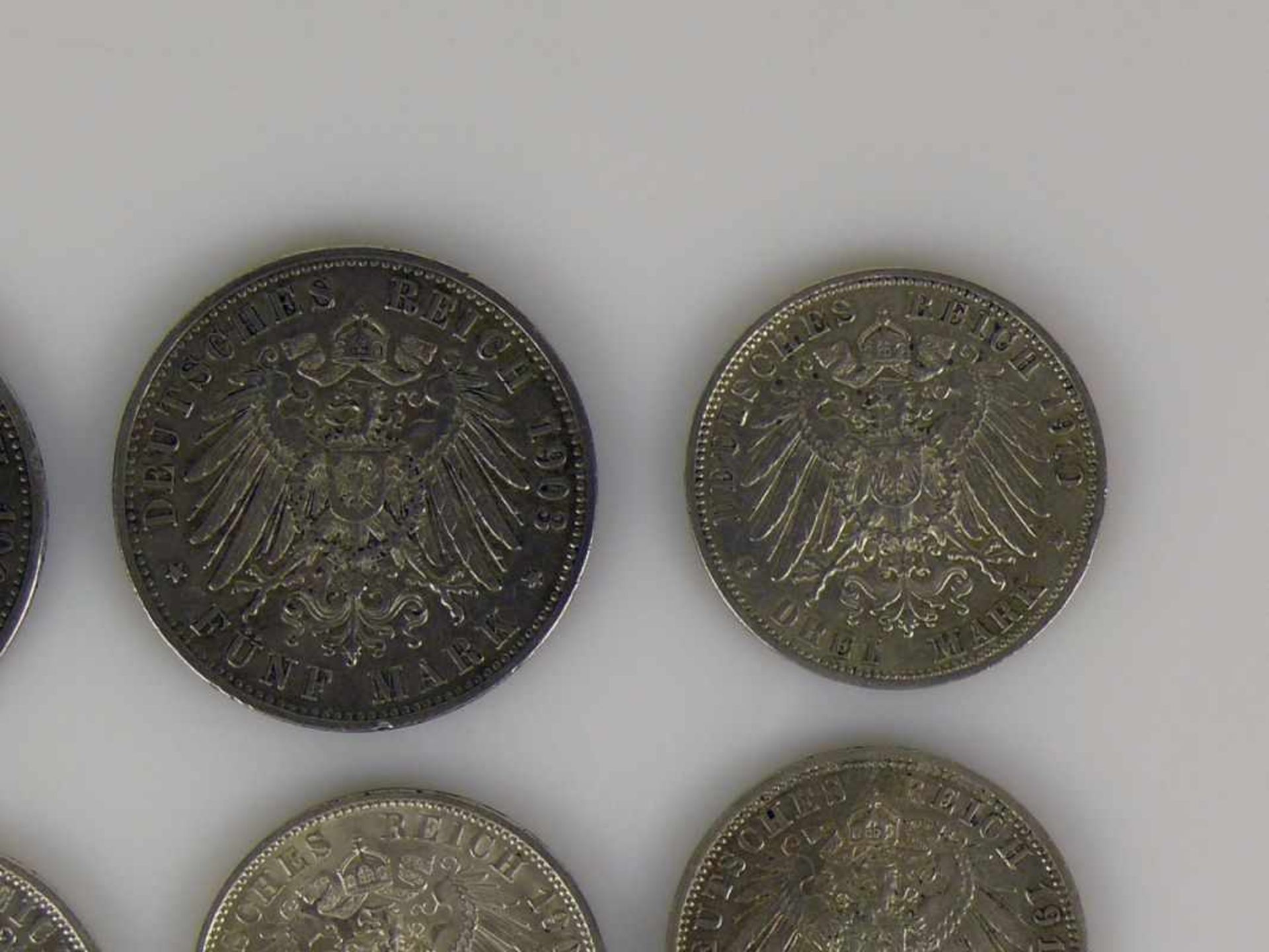 Konvolut deutsche Münzen Württemberg: 5 Mark 1903; 2x 3 Mark 1909 u. 1910; Preussen: 5 Mark 1900; 2x - Bild 9 aus 12