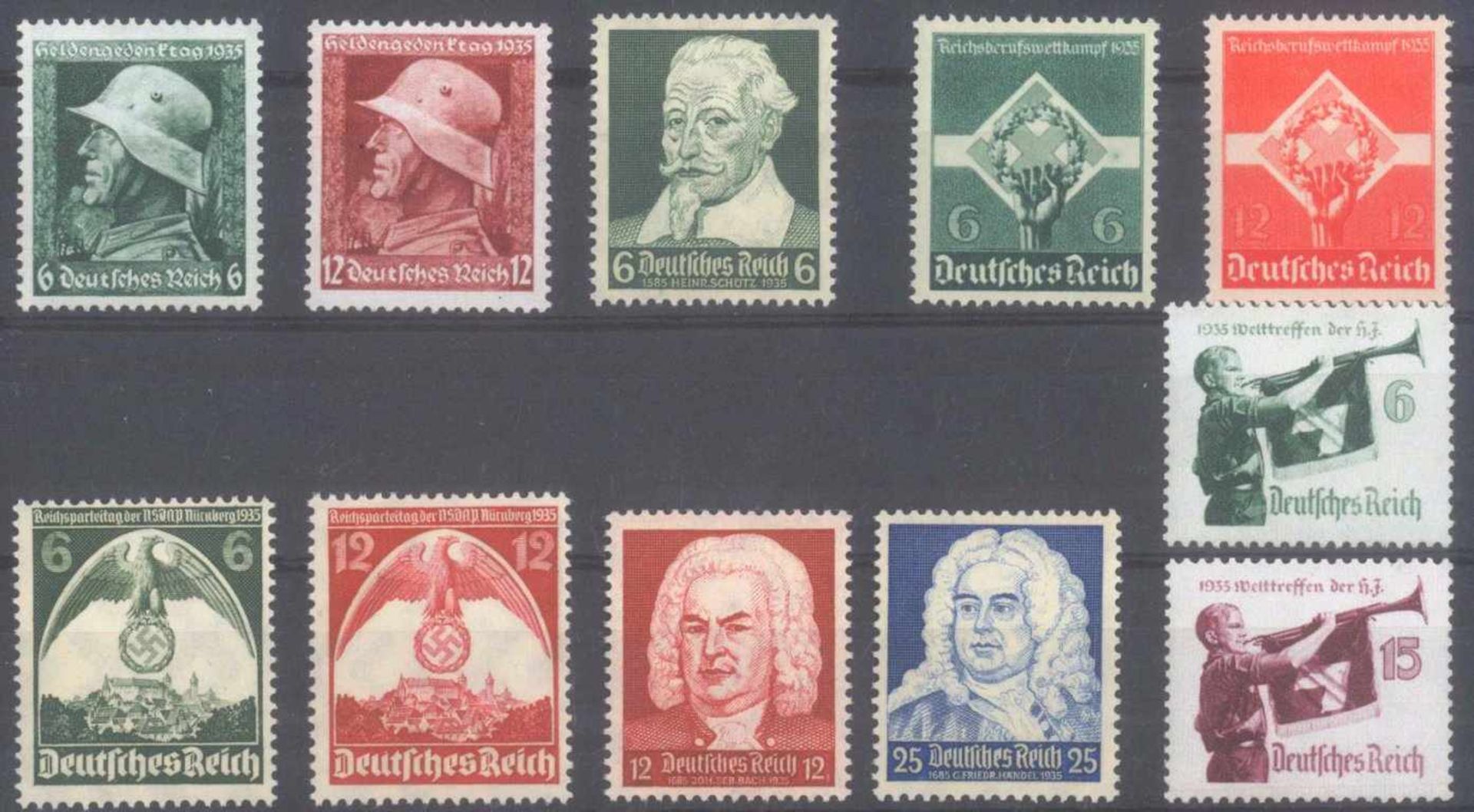 III. REICH 1935, fünf komplette SätzeMichelnummern 569y-570y, 571-575 und 584x-587x, jepostfrisch