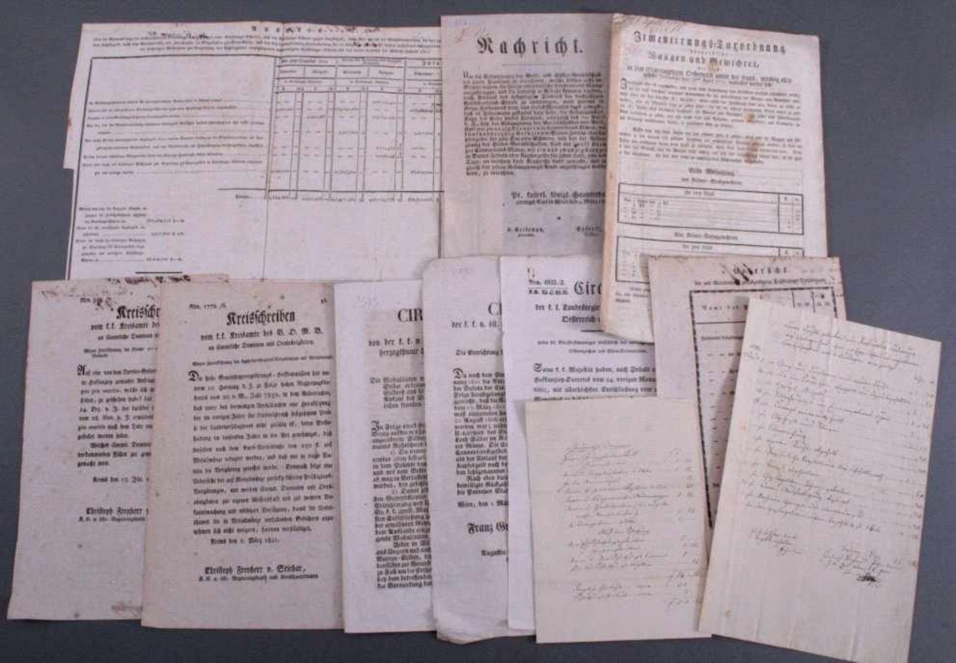 11 x Historische Dokumente, Circulare, Rundschreiben etc.1771 - 1835, insgesamt 11 Dokumente,
