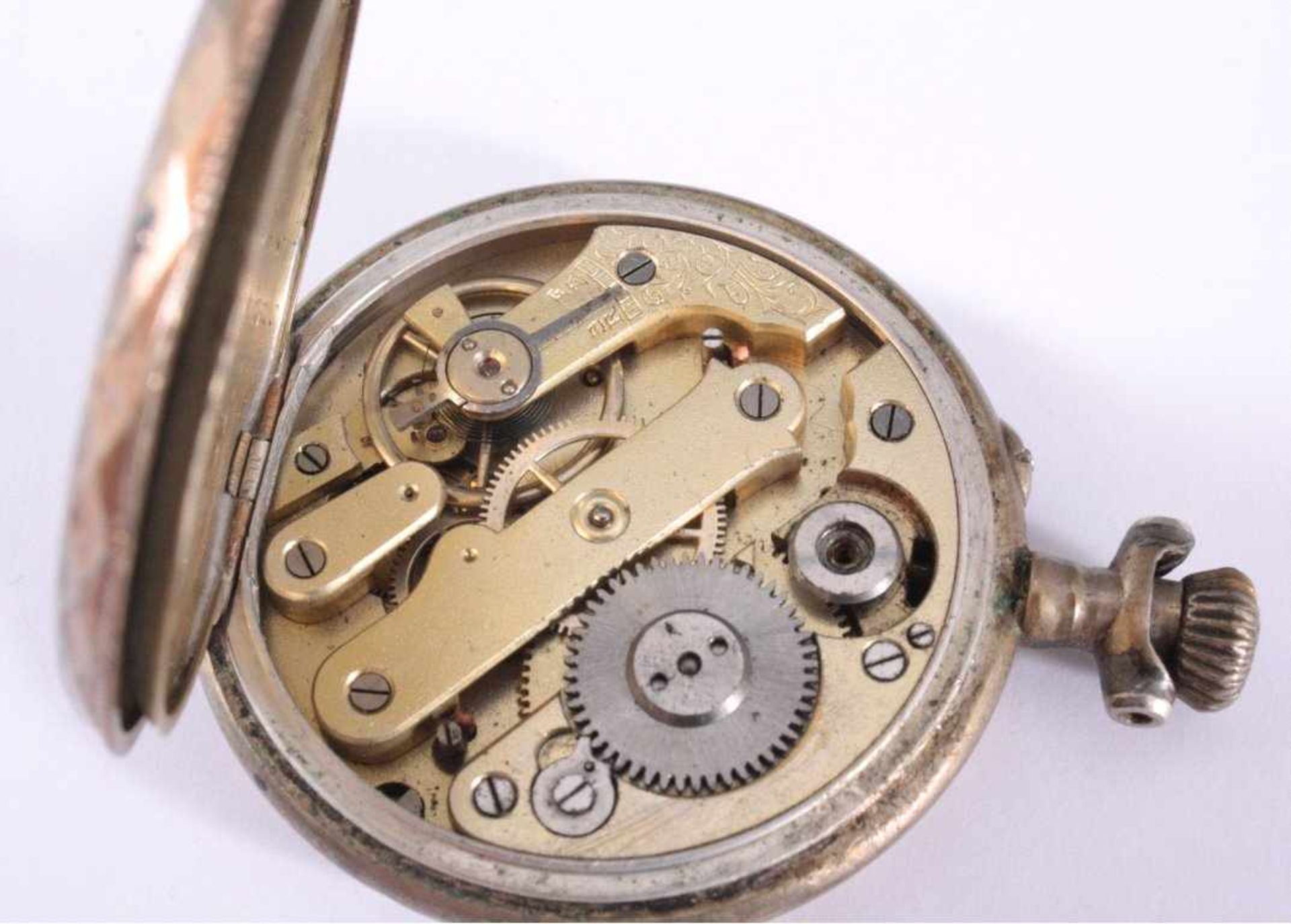 Silberne Herrentaschenuhr um 1900Schweizer Galonne, 800er Silber, polychrom bemaltesEmailzifferblatt - Bild 3 aus 3