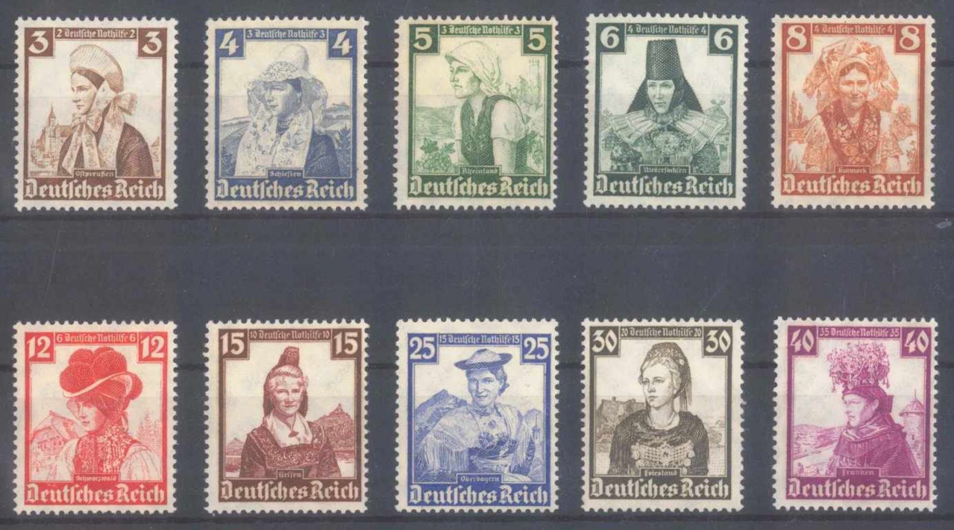 III. REICH 1935, Deutsche Nothilfe VolkstrachtenMichelnummern 588 bis 597, postfrisch Luxus,