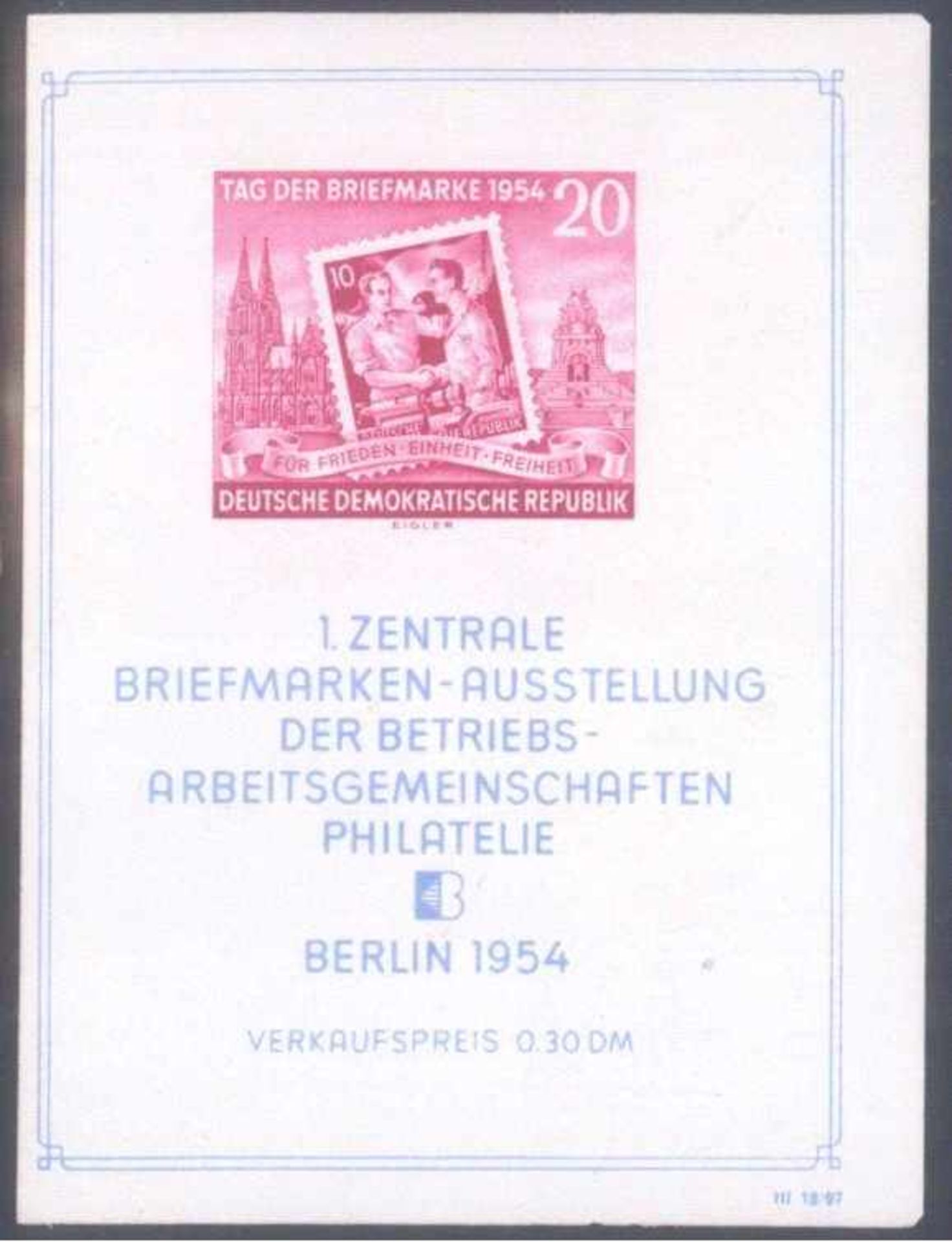 1954 DDR, Tag der Briefmarke Block mit VERSCHNITT!!Michelnummer Block 10 in ORIGINALGRÖSSE,