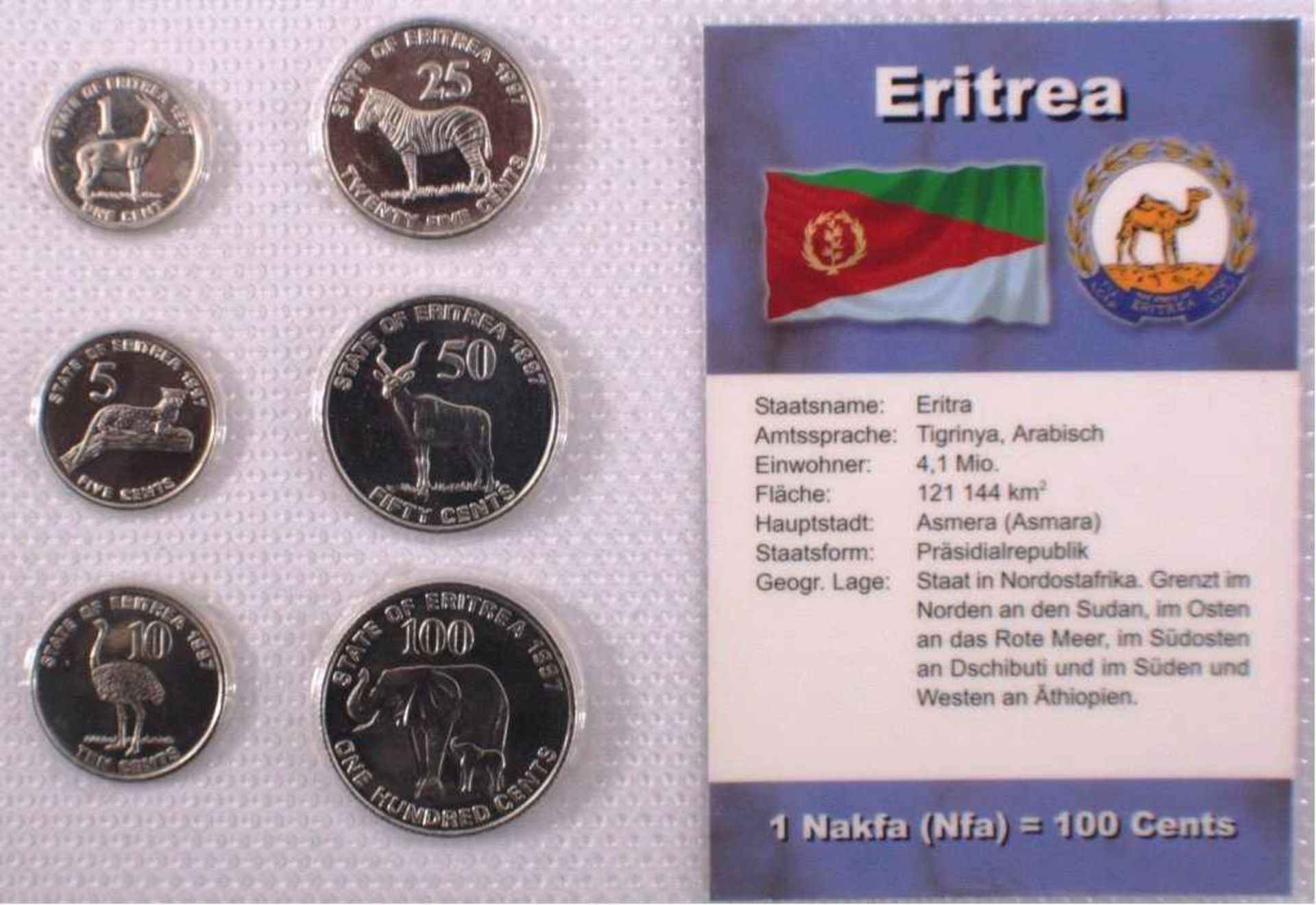 Kursmünzensatz Eritrea, Nakfa, CentsKursmünzensatz Eritrea, Nakfa, Cents, ein schönes Geschenkfür