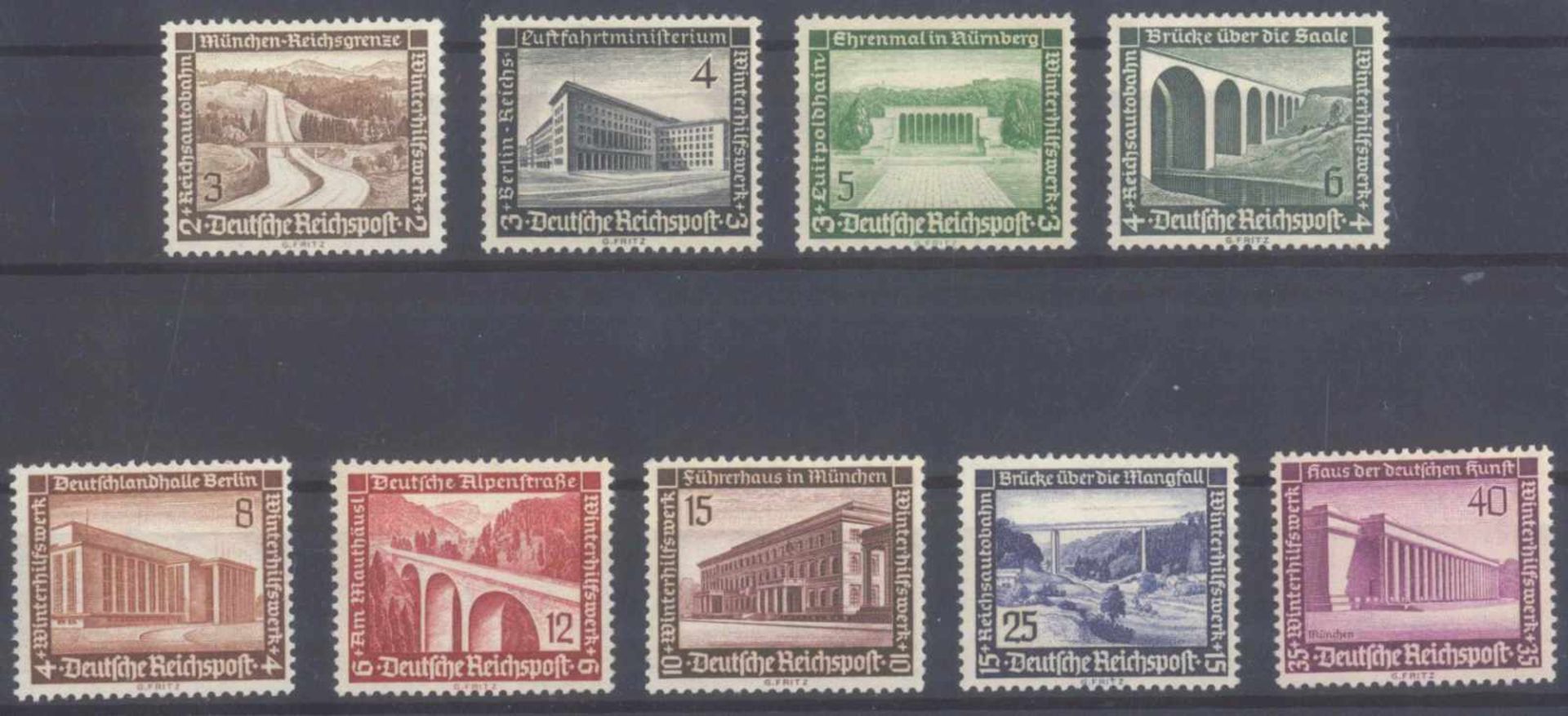 III. REICH 1936, Winterhilfswerk Moderne BautenMichelnummern 634 bis 642, postfrisch Luxus,