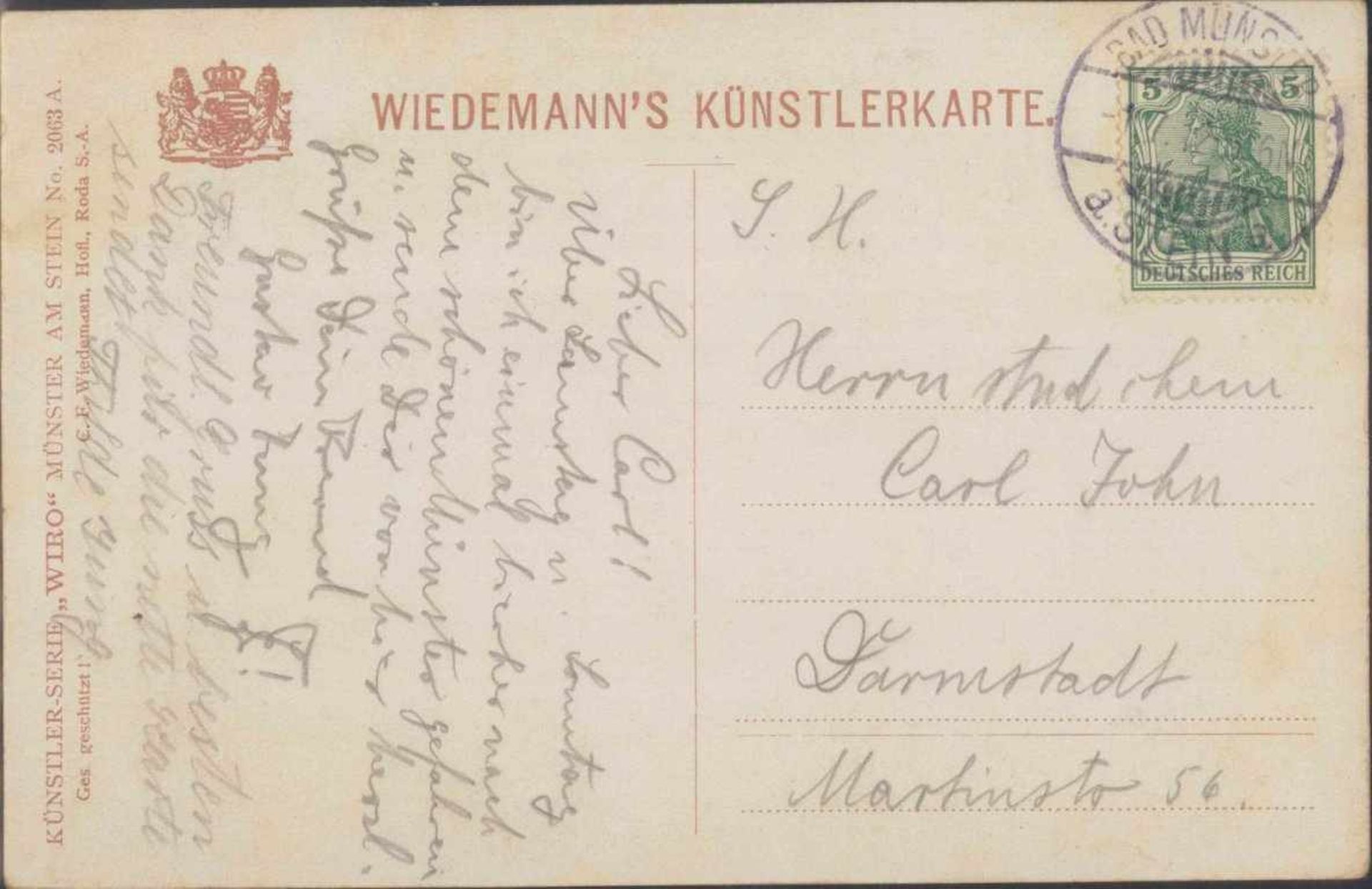 1912 BURSCHENSCHAFT FRISIA DARMSTADT (1885), JOHN / JUNGWiedemanns Künstlerkarte No. 2063 A gelaufen