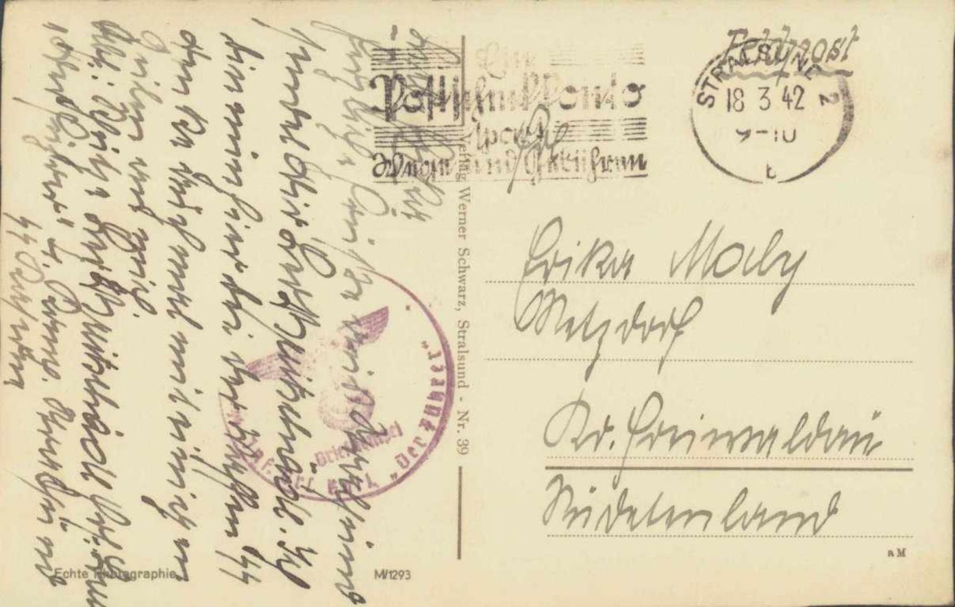 SS-FELDPOST 1942, INFANTERIE BATAILLON "DER FÜHRER"SS-Feldpostkarte vom 18.3.1942 aus Stralsund
