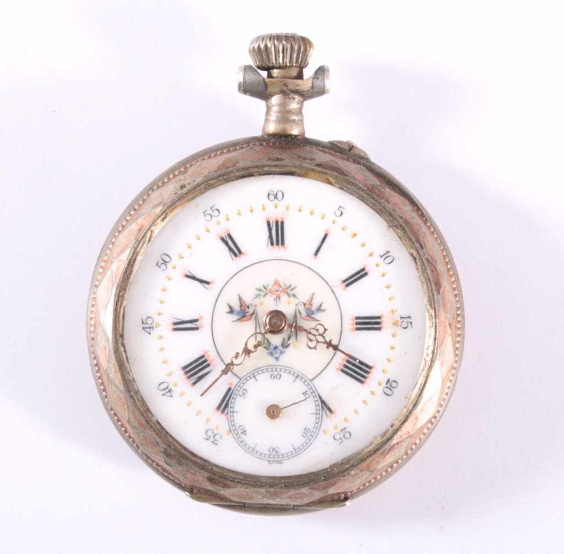 Silberne Herrentaschenuhr um 1900Schweizer Galonne, 800er Silber, polychrom bemaltesEmailzifferblatt